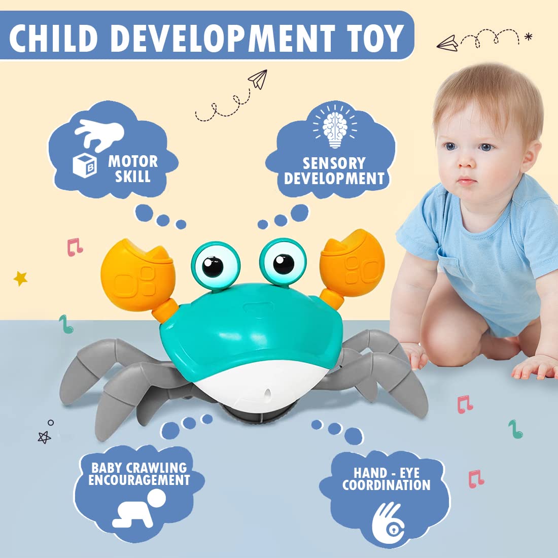 Rechargeable Crawling Crab Baby Toy with Light & Sound | Interactive Musical Tummy Time Toy for Babies & Toddlers (6–12 Months)