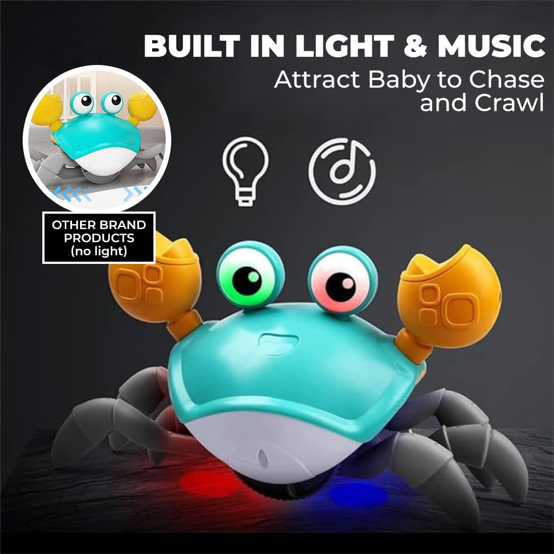 Rechargeable Crawling Crab Baby Toy with Light & Sound | Interactive Musical Tummy Time Toy for Babies & Toddlers (6–12 Months)